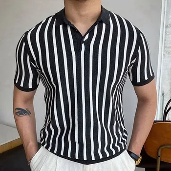 Мужская футболка с коротким рукавом, летняя новинка, в полоску с лацканами, модное повседневное качество, плюс размер, половина рукава