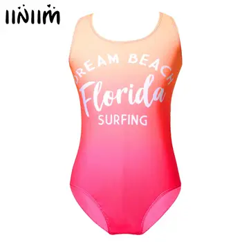 Цельный купальник для девочек с круглым вырезом, без рукавов, комбинезон с красочным буквенным принтом, купальники для серфинга, Пляжный купальный костюм для плавания.