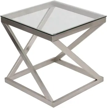 Современный квадратный торцевой столик из матового никеля со скошенной стеклянной столешницей, серебристый