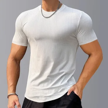Полосатый однотонный мужской топ для фитнеса с коротким рукавом, мужская баскетбольная футболка для бега, быстросохнущая эластичная спортивная футболка, одежда для тренировок