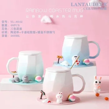 Керамическая чашка градиентного цвета Lovol, симпатичная мультяшная керамическая чашка с силиконовой подставкой, кружка, симпатичная мультяшная чашка