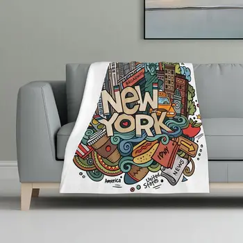 Супер мягкое одеяло 48 x 32 дюйма с рисунком в виде милых каракулей, нарисованное от руки в Нью-Йорке, красочный диван в американской тематике, для путешествий, кемпинга для