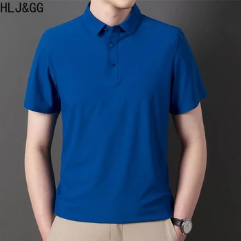 HLJ & GG Летняя мужская рубашка поло из гладкого шелка Ice для мужчин, деловая Повседневная однотонная рубашка для гольфа с коротким рукавом, Эластичная мужская блузка без глажки