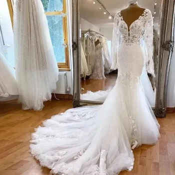 Винтажные свадебные платья Русалки с V-образным вырезом 2023, Сексуальные кружевные аппликации, иллюзионные свадебные платья больших размеров