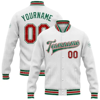Изготовленный на заказ белый, красно-зеленый бомбер с полной застежкой, университетская куртка Letterman, бейсбольная куртка с 3D-принтом и пуговицами