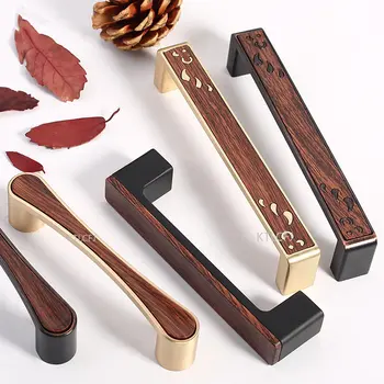 Новая китайская Деревянная ручка дверцы шкафа для современного простого шкафа-купе, ручки для мебели из цинкового сплава с зернистостью древесины