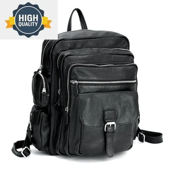 Мужской модный рюкзак из натуральной воловьей кожи с несколькими карманами, большая вместительная дорожная сумка, мужской походный рюкзак, черный M028