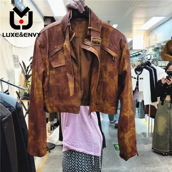 LUXE & ENVY 2023 Осенний бриз, Ретро-шик, Универсальное модное коричневое кожаное пальто, куртка с длинным рукавом, осень 2023 г.