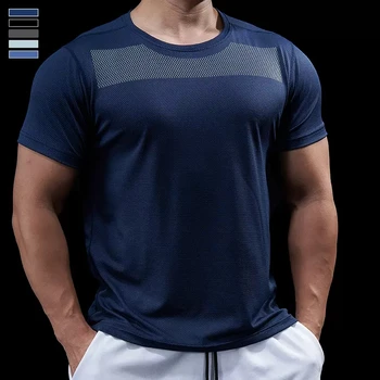 Новая мужская рубашка для бега с коротким рукавом, спортивные топы для бега на открытом воздухе, для тренировок в тренажерном зале, сухая посадка, тонкая спортивная одежда для тренировок, эластичная футболка