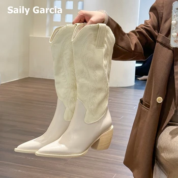Белые сапоги Modren с вышивкой из микрофибры до колена, пикантные ковбойские сапоги на среднем каблуке с острым носком, матовая обувь в народном стиле
