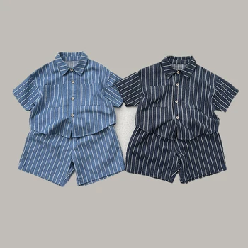 Летняя одежда из 2 предметов в синюю полоску для маленьких мальчиков, футболки с короткими рукавами, топы, шорты с эластичным поясом, комплект одежды для малышей