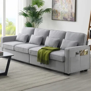 Современный льняной тканевый 104-дюймовый 4-местный диван с карманами в подлокотниках и 4 подушками, диван в минималистском стиле для гостиной, квартиры
